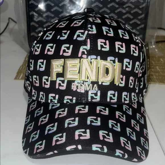 Fendi Black Baseball Cap with Pastel Pink & Light Blue FF Pattern - Picture 1 of 4